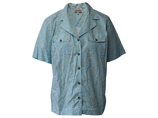 Ganni Floral Poplin Button-Up Shirt in Light Blue Organic Cotton   ref.637508
