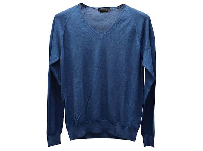 Prada V Neck Pullover Sweater in Navy Blue Wool  ref.637528