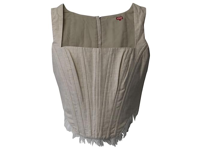 Blusa de espartilho Staud Triton sem mangas com franjas e bainha em linho bege  ref.637730