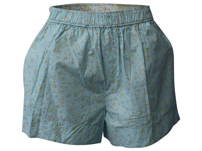 Shorts Ganni Floral Estampado em Algodão Azul