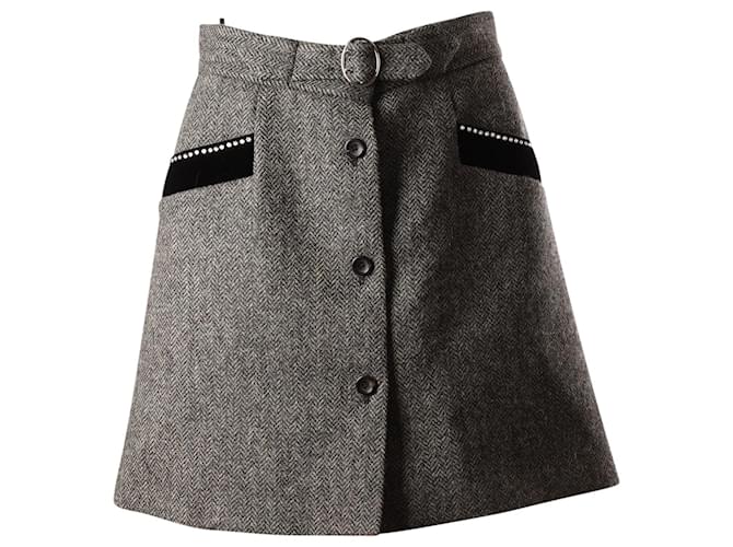 Miu Miu Mini-jupe à poche à chevrons en laine grise Laine  ref.637783