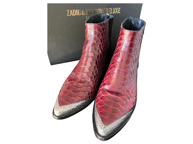 Zadig & Voltaire python cowboy boots fashion show Black Dark red Dark grey Leather Exotic leather  ref.638210