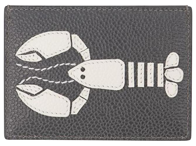 Thom Browne Porta-cartões único com aplique de ícone de lagosta em couro granulado Cinza  ref.639067