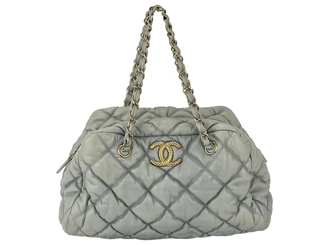 Chanel Handbag Large Bubbled Quilted Grey Bowler Soft Leather Satchel Bag B488   ref.639134