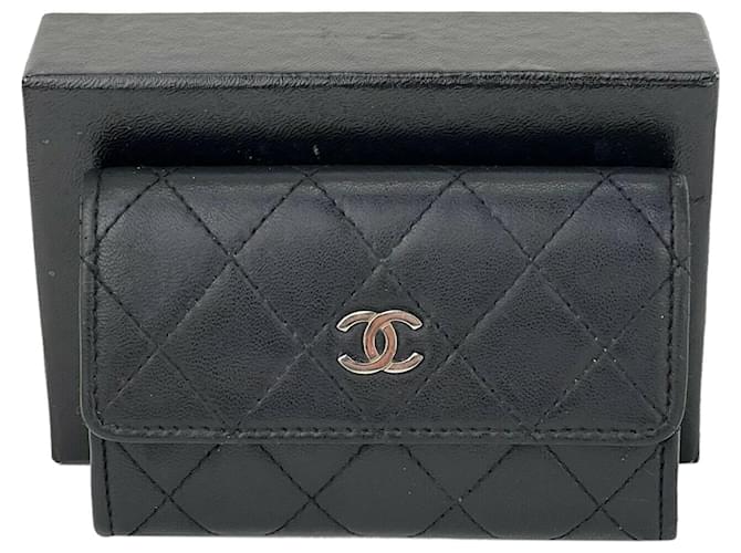 Chanel Wallet Classic Flap Quilted Black Lambskin Mini Wallet Card Holder B491  Cuir Noir  ref.639204