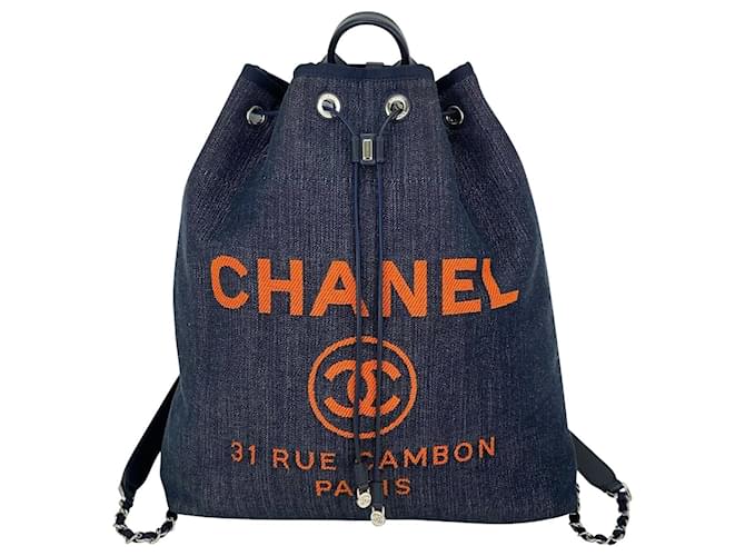 Bolso Chanel Deauville Mochila Suave Bolso De Viaje Azul Denim Lona Cuero Dc18   ref.639209