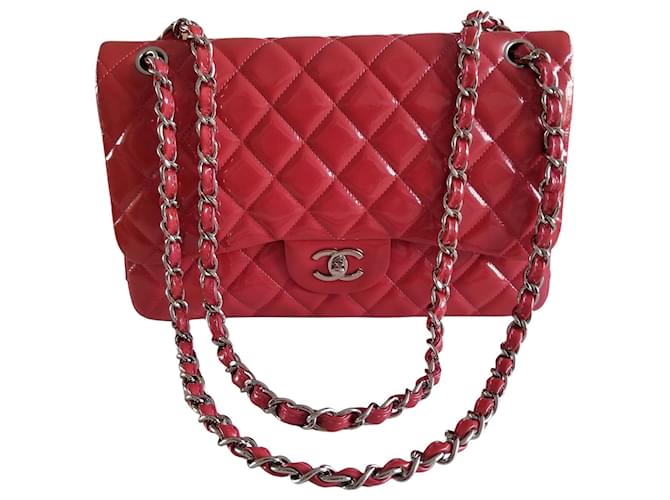 Timeless Chanel Red Lackleder Jumbo Classic gefütterte Flap Chain Strap Umhängetasche Rot  ref.639261