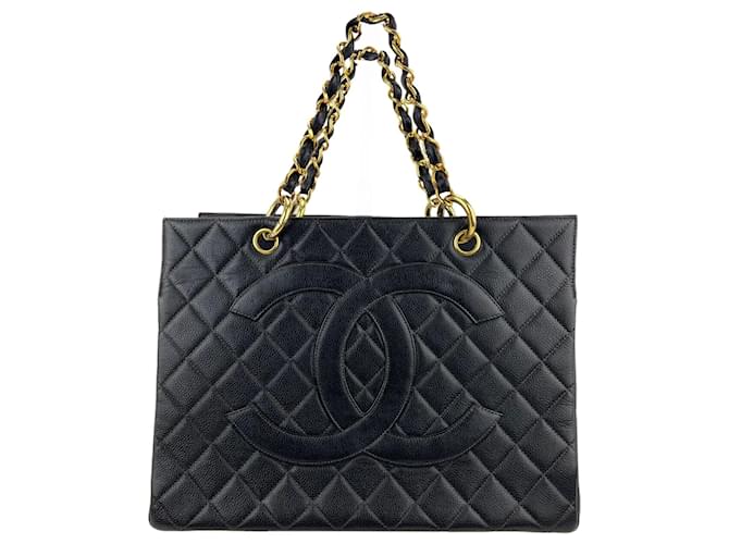 Chanel Vintage Grand Shopping Tote Schwarze gesteppte Handtasche aus Kaviarleder C105   ref.639332