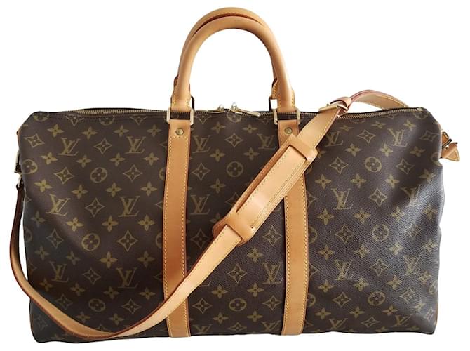 Louis Vuitton Authentic  Monogram Keepall Bandouliere 50 Luggage Duffle Bag  Brown Leather  ref.639382