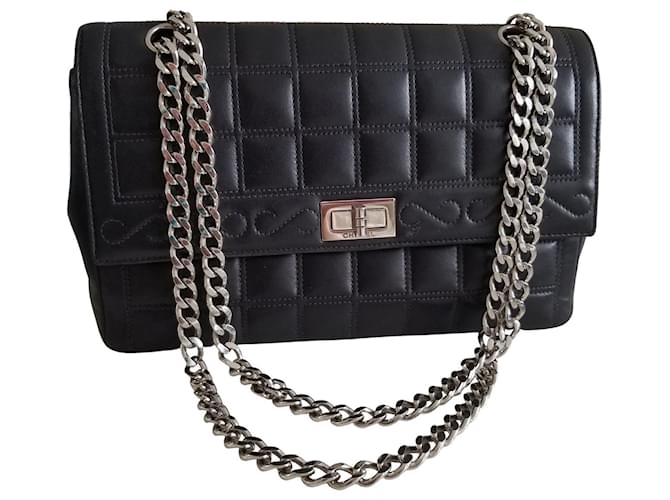 Chanel Vintage  Mademoiselle Chocolate Bar Black Lambskin Flap Shoulder Bag  Leather  ref.639459