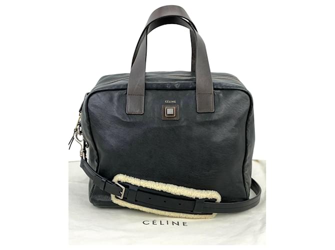 Céline Celine maleta de couro preta com alça de shearling bolsa mensageiro vintage B165  Preto  ref.639558