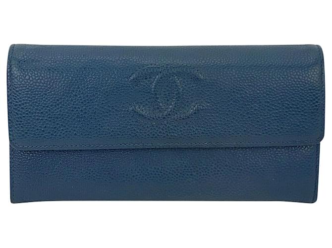 Timeless Portafoglio Chanel Portafoglio lungo in pelle con patta a soffietto senza tempo con logo Cc Blu navy B163   ref.639572
