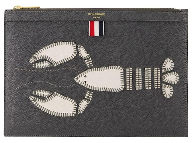Thom Browne Small Document Holder W/ Lobster Icon Applique In Pebble Grain Leather Grey  ref.639590