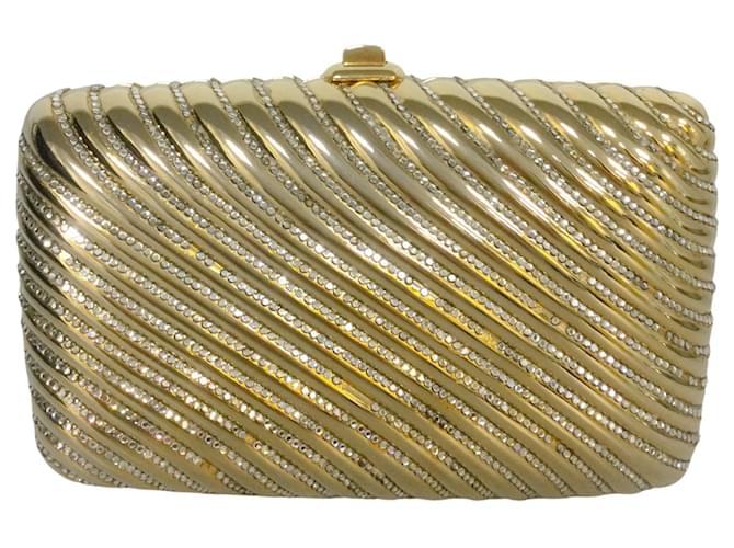 Mini embreagem de metal dourado Judith Leiber strass cravejada de cristal Couro  ref.641128