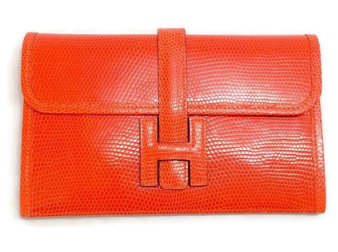 Hermès Hermes Mini Jige Orange Lizard Clutch By  Leather  ref.641194