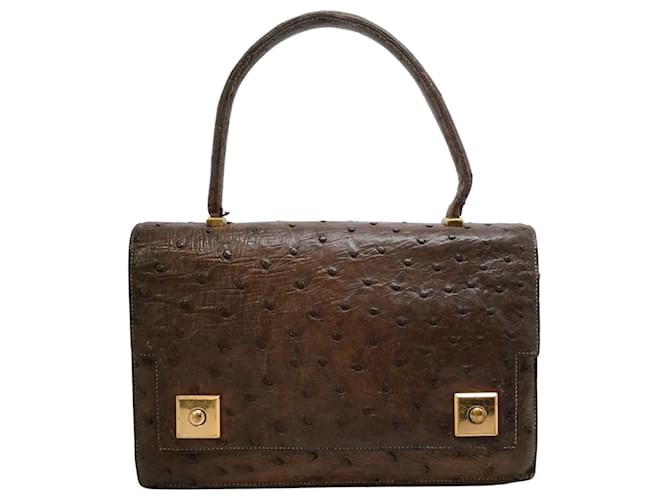 Hermès Hermes 1955 Bolso satchel de piel de avestruz marrón oscuro Castaño Cuero  ref.641213