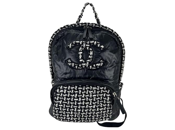 Chanel Backpack Quilted Nylon And Cc Tweed Black White Backpack