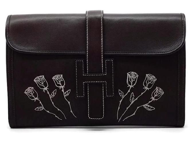 Hermès Hermes Jige Floral Detail Dark Brown Leather Clutch   ref.641221