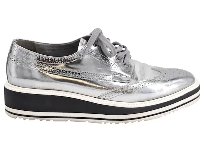 Prada Brogue Platform Sneakers in Silver Leather Silvery Metallic  ref.641227