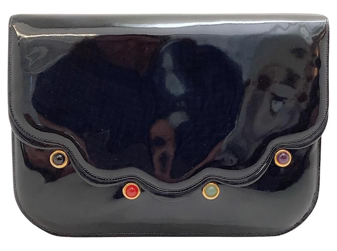 Judith Leiber Foldover With Stone Embellishments Black Patent Leather Clutch   ref.641292