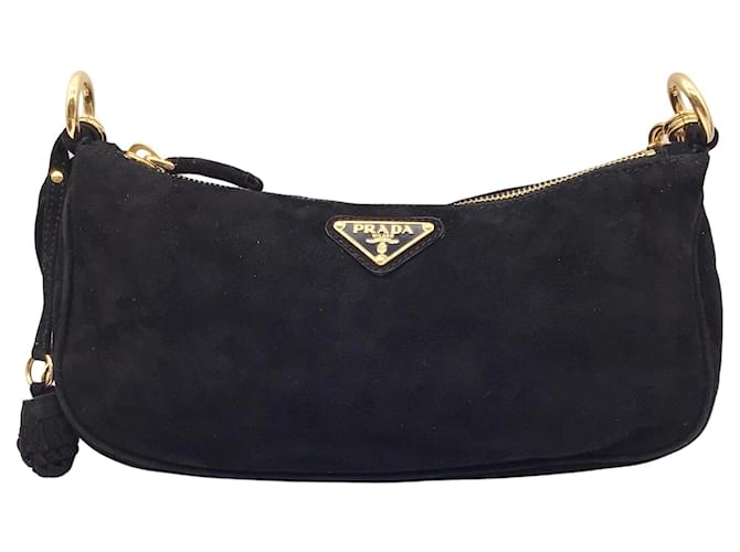 Prada Tassel Detail Black Suede Leather Shoulder Bag Negro Cuero  ref.641295