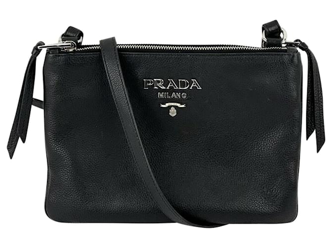 Prada Prada Crossbody Vitello Phenix Double Zip Black Textured Calfskin Leather C45  Pony-style calfskin  ref.641347