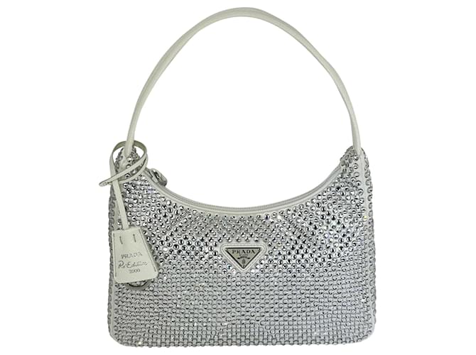 Prada Hand Bag Re Edition 2000 Satin White Mini-bag With Crystals Bag C2 New  Leather  ref.641361