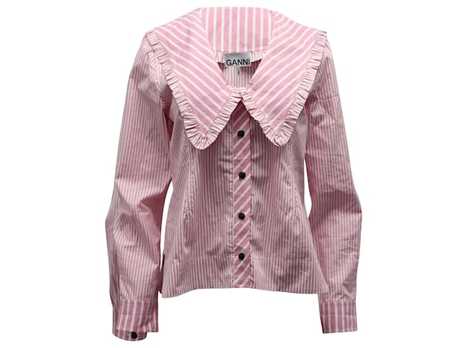 Ganni Striped Ruffled Shirt in Pink Cotton  ref.641393