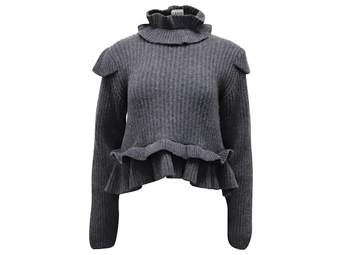 Ganni Cut Out Ruffled Ribbed Sweater in Grey Wool  ref.641396