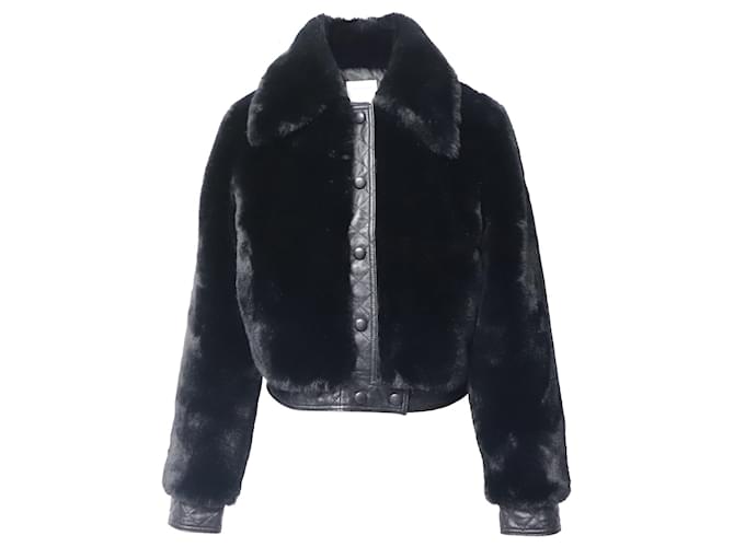 Sandro Paris Fauny Leather Trimmed Jacket in Black Faux Fur  Synthetic  ref.641432