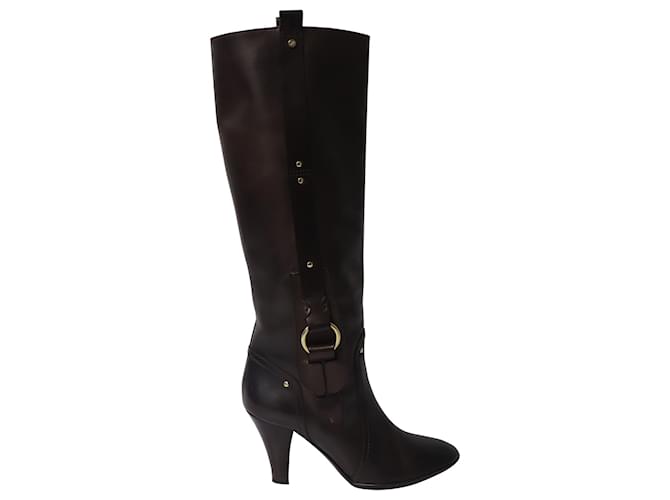 Céline Celine High Heeled Boots with Buckle in Brown Calfskin Leather Pony-style calfskin  ref.641657