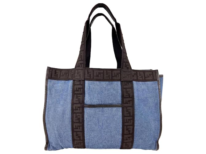 Fendi Tote Ff Blue Denim Black Canvas Trim Medium Tote Hand Bag B508  Leather  ref.641658