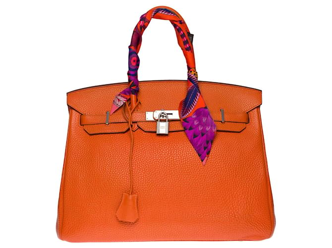 Hermès Impressionante bolsa Hermes Birkin 35 em couro Taurillon Clémence Orange , guarnição de metal prata paládio Laranja  ref.646922