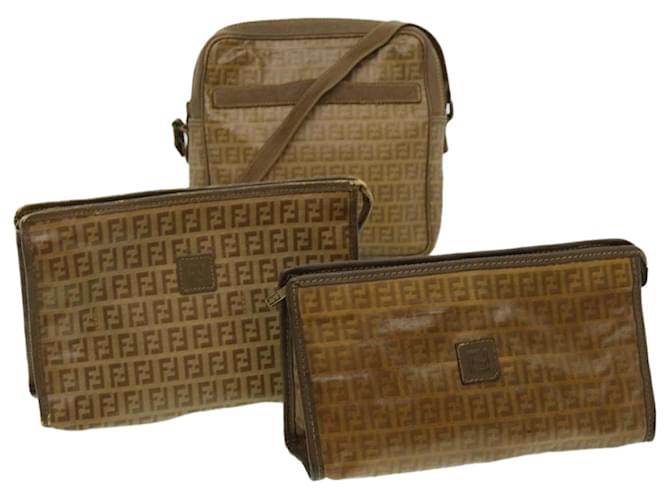 FENDI Zucchino Canvas Clutch Bag Shoulder Bag PVC Leather 3Set Brown Auth ar7429  ref.647227