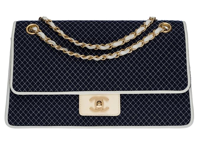 Sublime and rare Chanel Timeless/Classique handbag in navy blue jersey with white diamond stitching and beige patent leather, matte gold metal trim Cotton  ref.647566