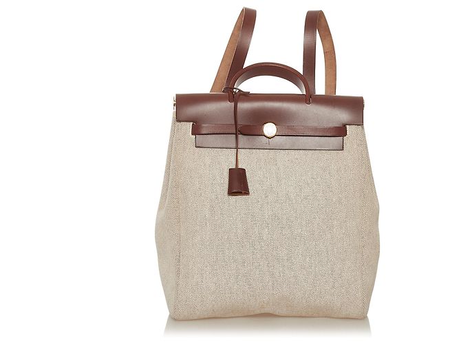 Hermès Hermes Brown Herbag Canvas Backpack Beige