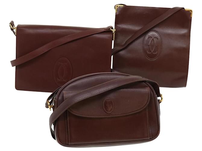 CARTIER Shoulder Bag Leather 3Set Wine Red Auth ar7432  ref.648419