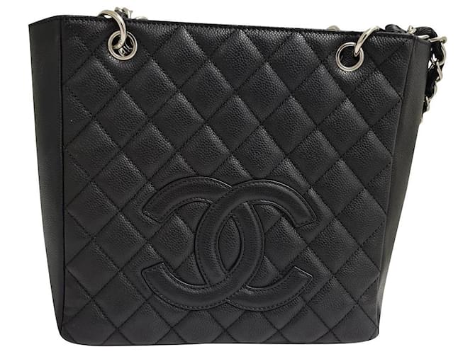 Trendy CC Chanel Borsa Caviar Petite Shopping trapuntata con logo CC Nero Pelle  ref.648695