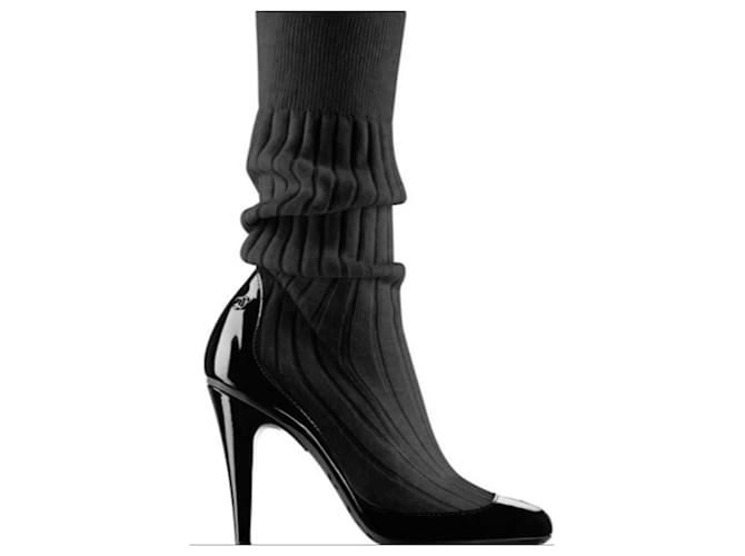Cambon Chanel sock Black Patent leather Cotton  ref.648845