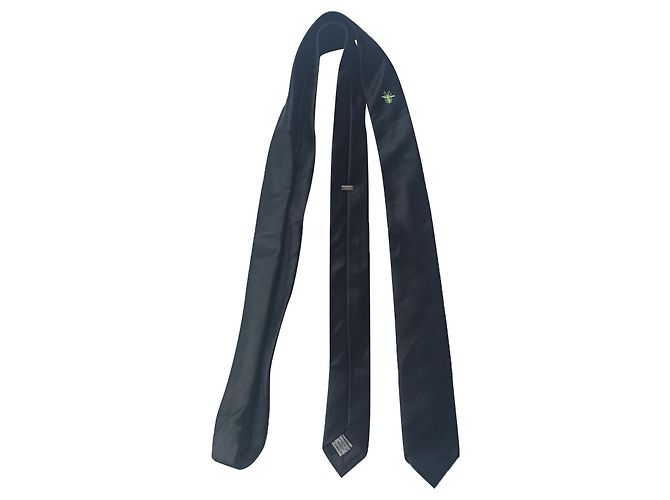 Gravata Dior preta slim de seda com abelha verde em jacquard Preto