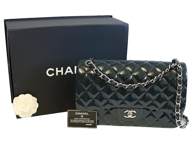 Chanel Classique doublé Rabat Jumbo Bleu Marine Cuir Verni Argent Cuir vernis  ref.648876