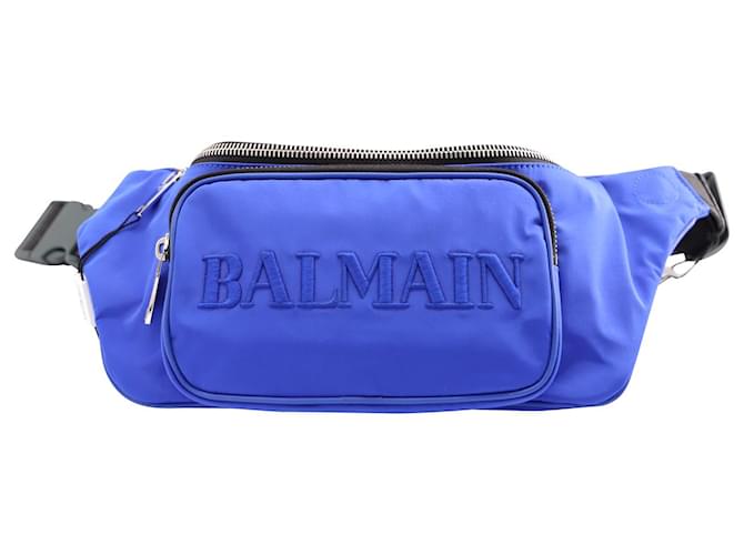 Balmain Sac Ceinture Logo Brodé En Nylon Bleu  ref.649022