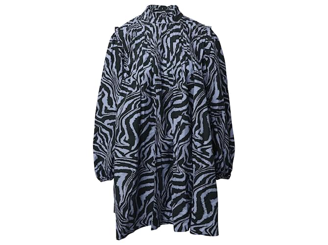 Ganni Mini-robe à imprimé supérieur nervuré en popeline de coton imprimée bleue  ref.649060