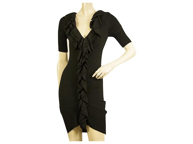 Karen Millen Black Ruffled Front Mini Length Short Sleeve Woolen Knit dress Sz 1  ref.649096