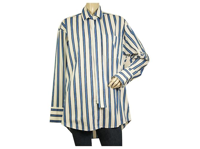 MSGM Blue & White Stripes Tie Neck Button Down Front Oversize Shirt size 42 Cotton  ref.649100