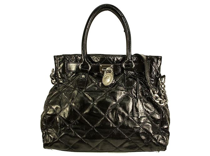 Michael Kors Hamilton Black Quilted Patent Leather Padlock Handbag Shoulder bag