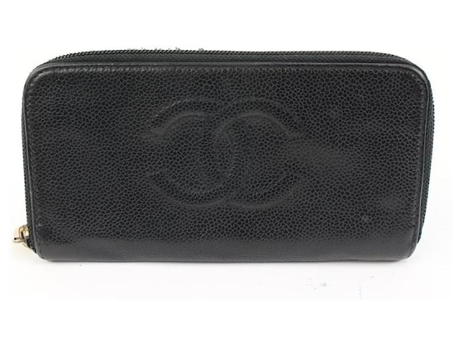 Chanel Black Caviar CC Logo Timeless Zip Around Continental Wallet  Leather  ref.649265