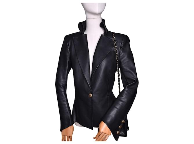 Balmain Blazer de jaqueta de couro com botões Preto  ref.649277