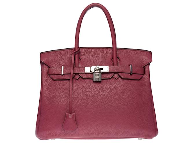 Espléndido bolso de mano Hermès Birkin 30 en Togo cuero palisandro, adornos de metal plateado paladio Rosa  ref.649604