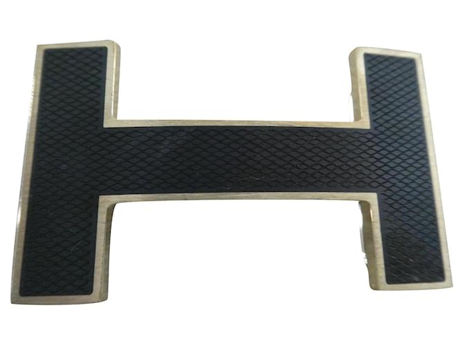hermès quizz buckle golden brass-plated steel and black lizard-effect marquetry 32MM  ref.649658